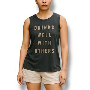 “Drinks Well With Others” Dark Grey Gold Foil Graphic Casual Statement Tank Top
